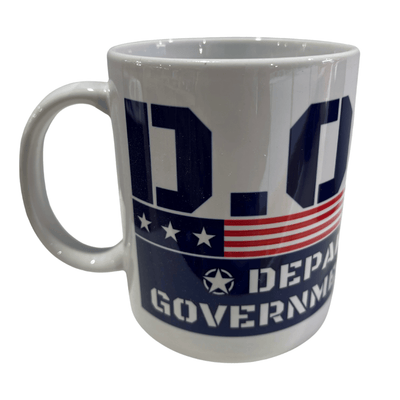 D.O.G.E. Acronym Mug with bold block lettering displaying 'Department of Government Efficiency' in red, white, and blue colors.