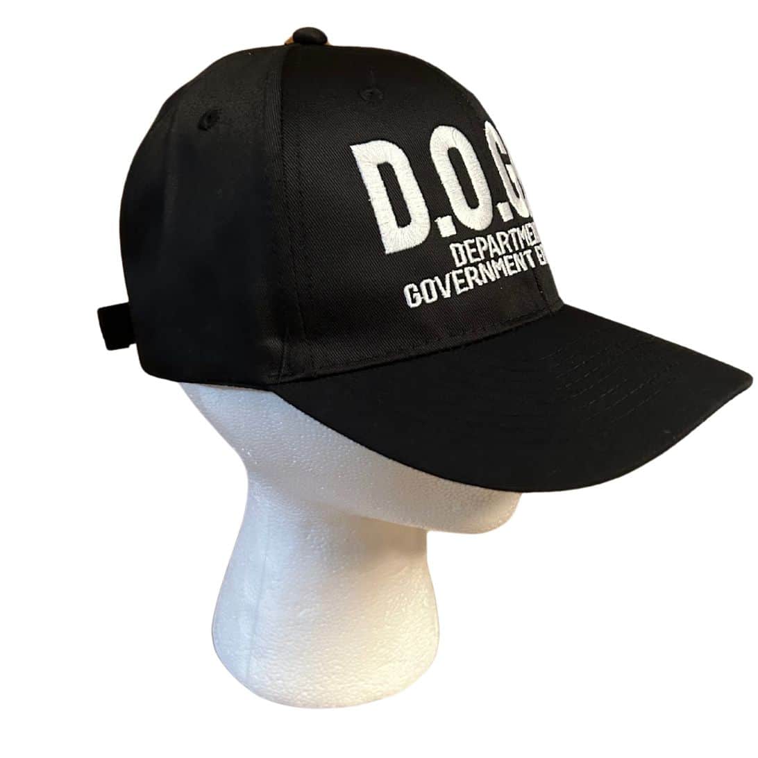 D.O.G.E Hat featuring clean lettering, designed for comfort and style, representing Elon Musk's Department of Government Efficiency worn outdoors.