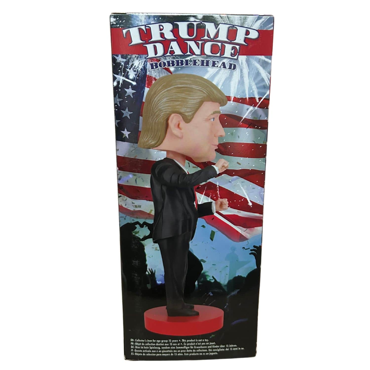 Dancing Trump Bobble Head in a black suit with a red tie, energetically posed on a red base, bringing a humorous vibe to any display area.