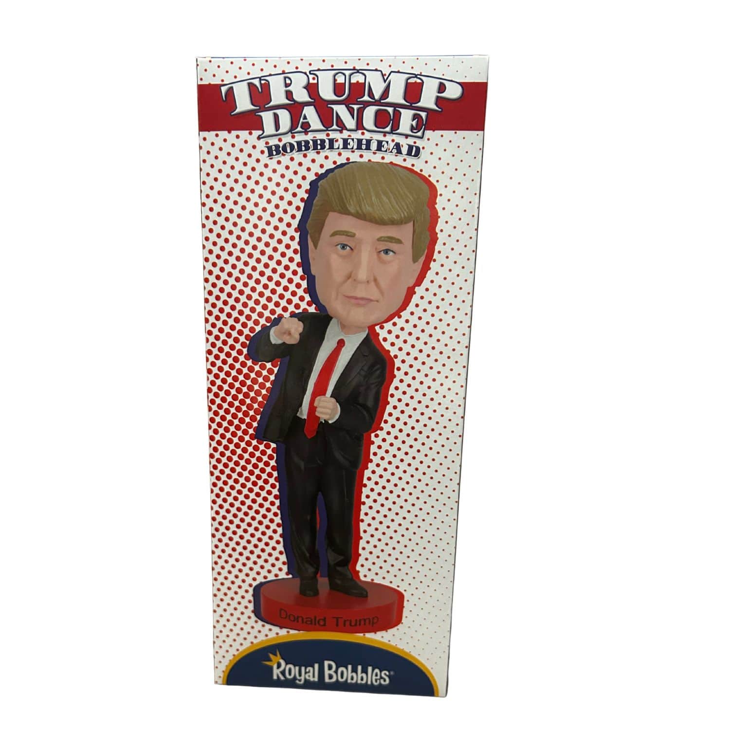 Dancing Trump Bobble Head in a black suit with a red tie, energetically posed on a red base, bringing a humorous vibe to any display area.