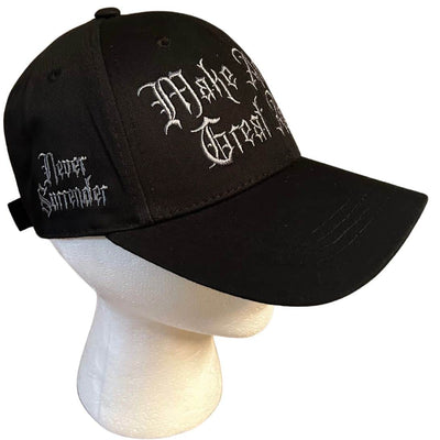 Dark MAGA Gothic Never Surrender Hat featuring gothic lettering on a grey-on-black background, perfect for bold political statements.