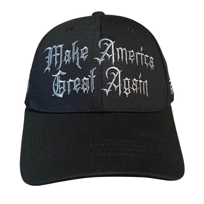 Dark MAGA Gothic Never Surrender Hat featuring gothic lettering on a grey-on-black background, perfect for bold political statements.