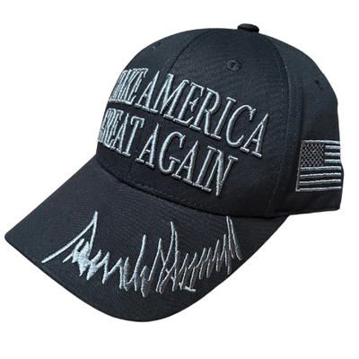 Dark MAGA Hat 45/47 featuring bold 'Make America Great Again' front and '45/47' side embroidery, ideal for rallies and everyday wear.