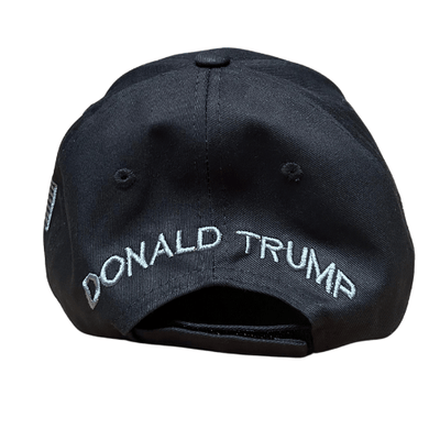 Dark MAGA Hat 45/47 featuring bold 'Make America Great Again' front and '45/47' side embroidery, ideal for rallies and everyday wear.