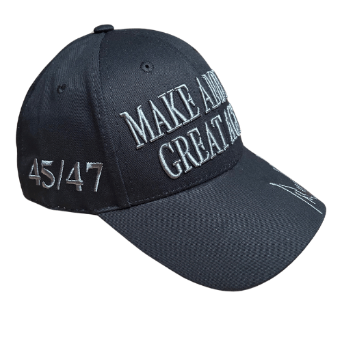 Dark MAGA Hat 45/47 featuring bold 'Make America Great Again' front and '45/47' side embroidery, ideal for rallies and everyday wear.