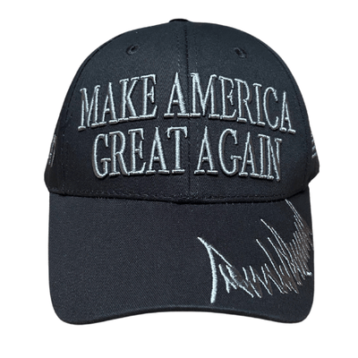 Dark MAGA Hat 45/47 featuring bold 'Make America Great Again' front and '45/47' side embroidery, ideal for rallies and everyday wear.