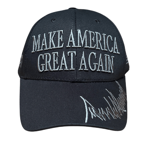 Dark MAGA Hat 45/47 featuring bold 'Make America Great Again' front and '45/47' side embroidery, ideal for rallies and everyday wear.