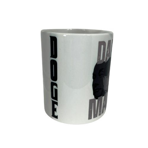 Dark MAGA Mug with Donald Trump design in grayscale, featuring the words 'DARK MAGA' in distressed lettering against a shadowy backdrop.