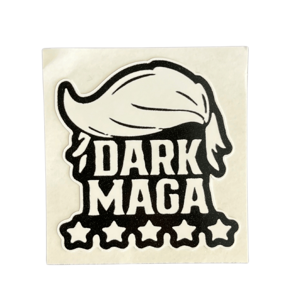 Durable Dark MAGA Trump Hair Sticker displayed on a laptop surface, showcasing vibrant colors and bold political themes.