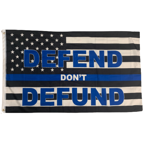 Defend Don't Defund 3x5 flag made of durable nylon, displayed outdoors, featuring bold lettering and symbolic design supporting law enforcement.