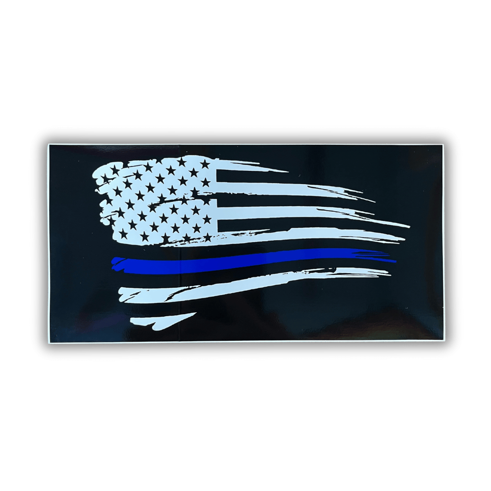 Distressed Thin Blue Line bumper sticker measuring 7.5 x 4 inches displayed on a car bumper, highlighting support for law enforcement and patriotism.
