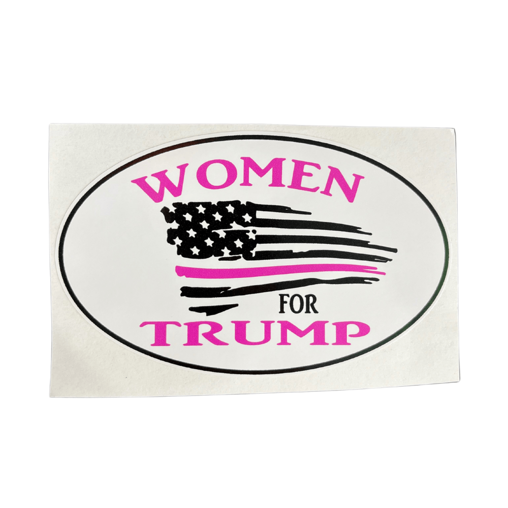Distressed Women For Trump Sticker displayed on a water bottle, showcasing bold patriotic design and durable vinyl, perfect for daily use.