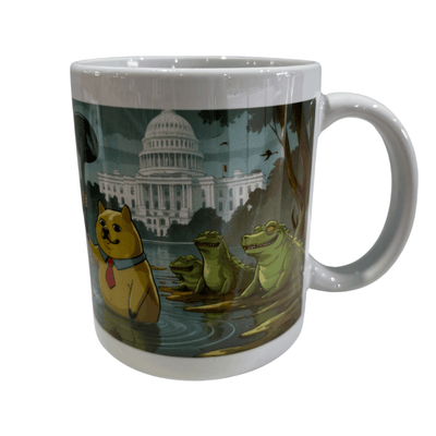 D.O.G.E. 'Draining Excess' Swamp Mug with colorful illustration of Trump wading through swamp creatures, designed for coffee lovers.
