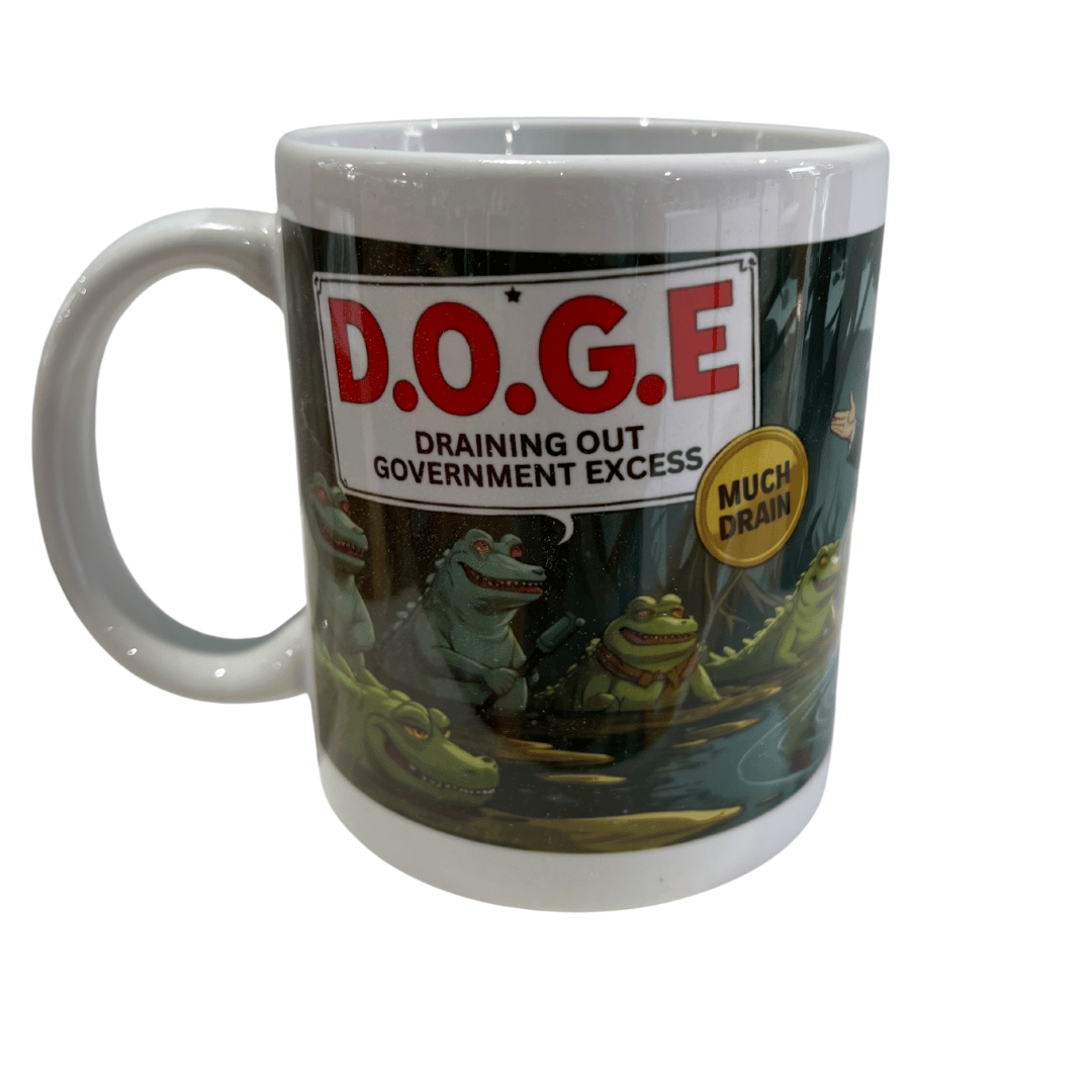 D.O.G.E. 'Draining Excess' Swamp Mug with colorful illustration of Trump wading through swamp creatures, designed for coffee lovers.
