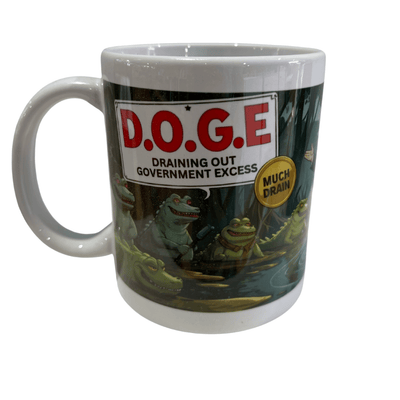 D.O.G.E. 'Draining Excess' Swamp Mug with colorful illustration of Trump wading through swamp creatures, designed for coffee lovers.