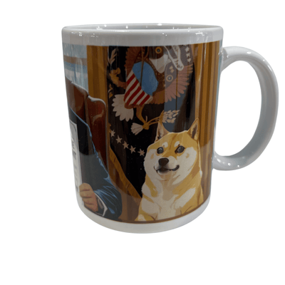 Doge Hunt Trump Meme Mug featuring President Trump at his desk and the Doge dog design on the back, perfect for coffee lovers and meme enthusiasts.