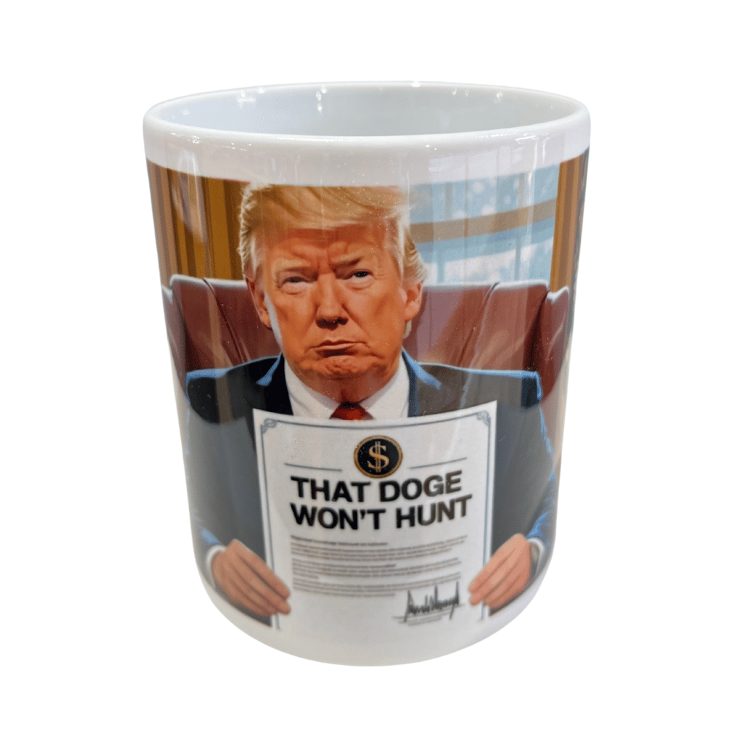 Doge Hunt Trump Meme Mug featuring President Trump at his desk and the Doge dog design on the back, perfect for coffee lovers and meme enthusiasts.