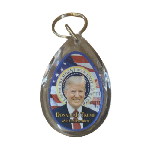 Donald J Trump 45th President Keychain featuring President Trump, American Flag, and presidential seal against a shiny background.