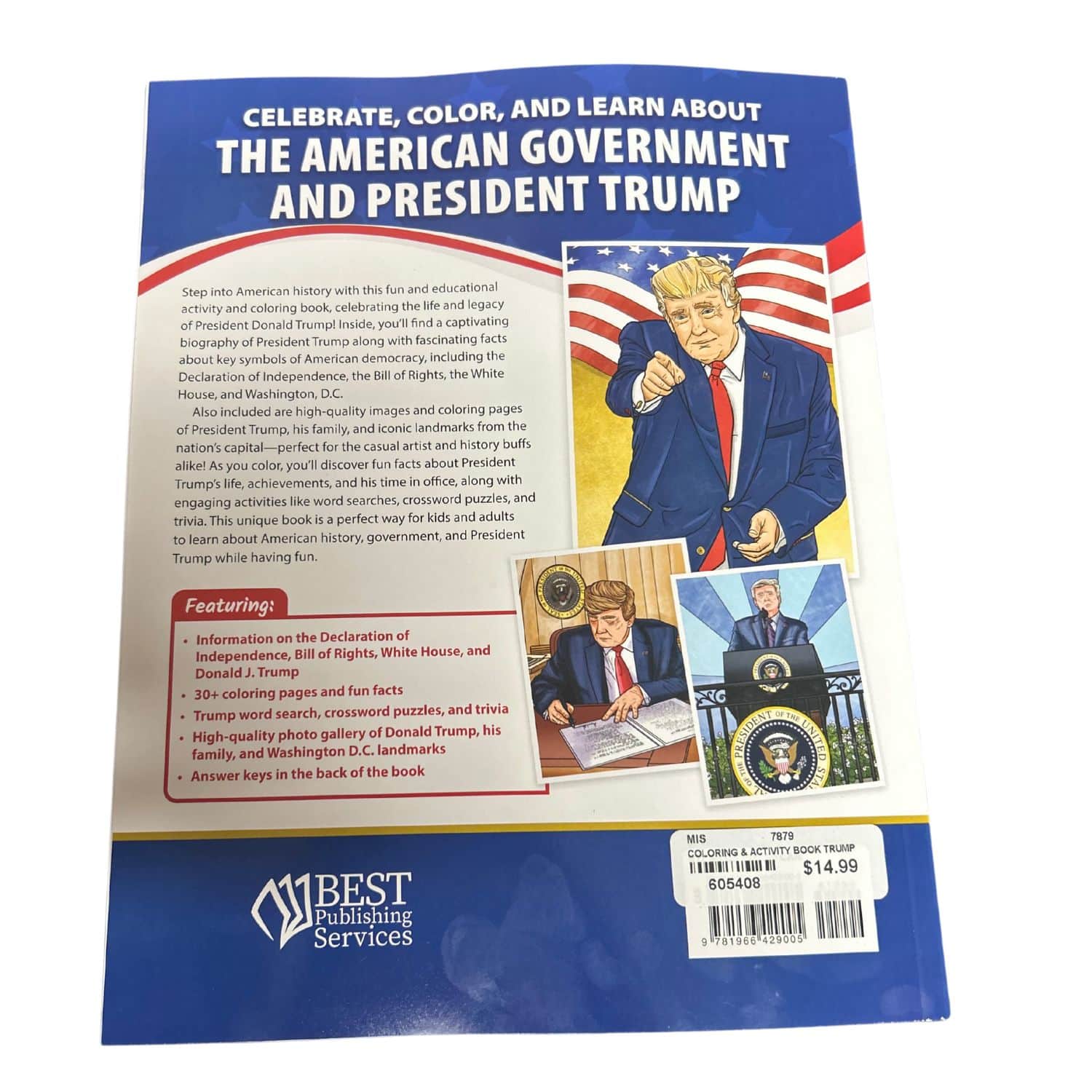 Donald Trump Coloring & Activity Book for Young Patriots featuring vibrant illustrations about U.S. history and politics, perfect for kids.