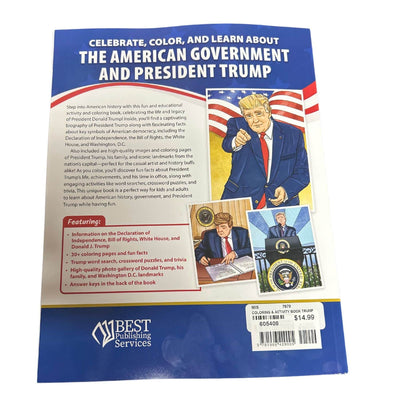 Donald Trump Coloring & Activity Book for Young Patriots featuring vibrant illustrations about U.S. history and politics, perfect for kids.