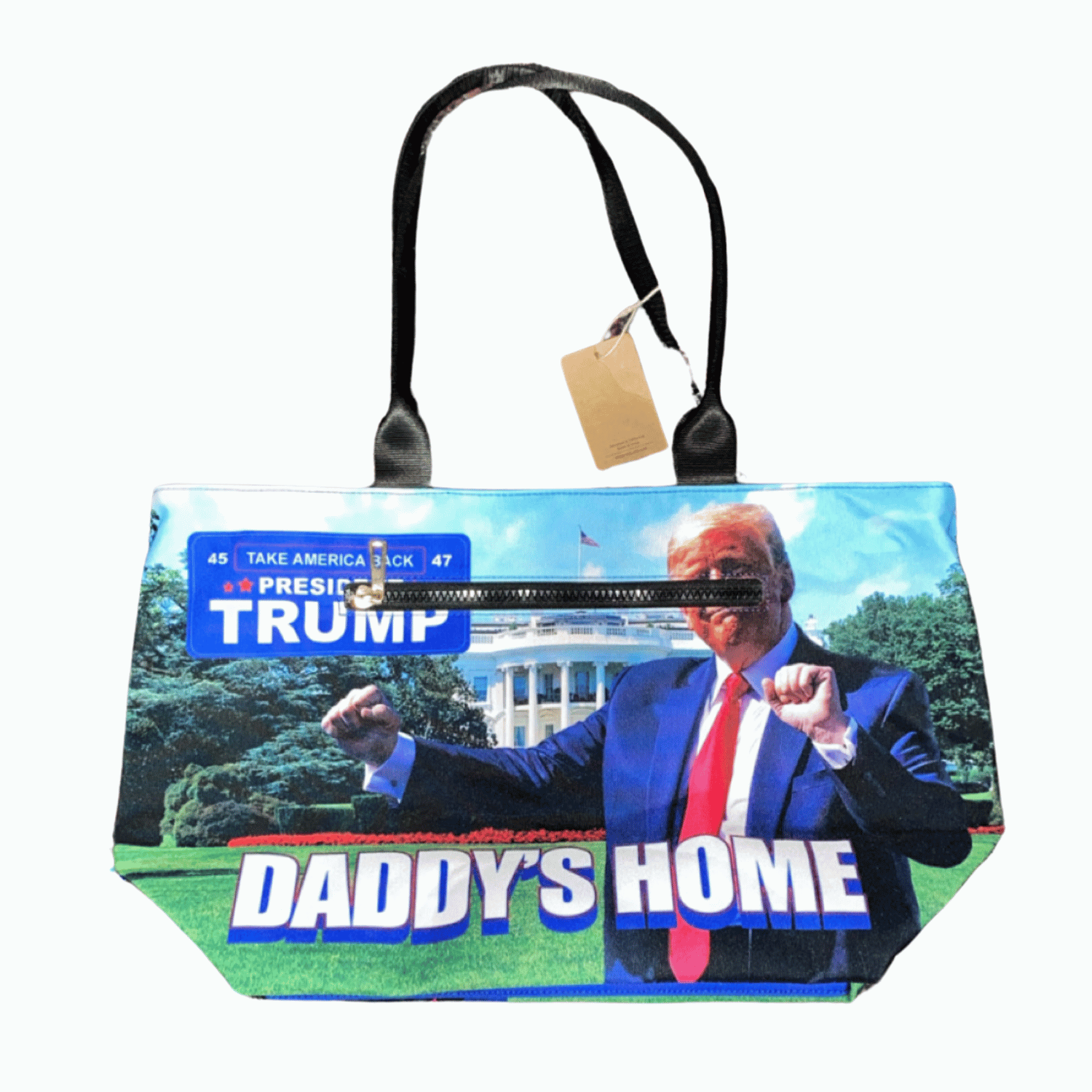 Donald Trump Daddy's Home Tote Bag with vibrant design featuring President Trump in front of the White House, perfect for everyday use.