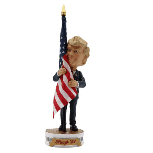 Donald Trump Hugging Flag Bobblehead features Trump embracing the American flag, standing on a podium marked with 'Trump 24' for display.