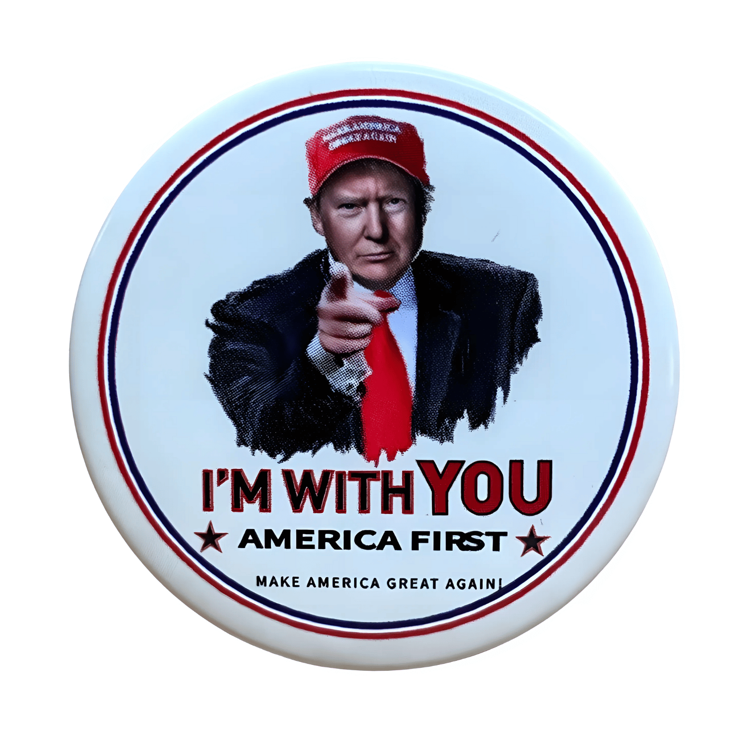 Donald Trump I'm With You Lapel Pin showing Trump pointing forward, with the message encircled by red and white, on display against a neutral background.