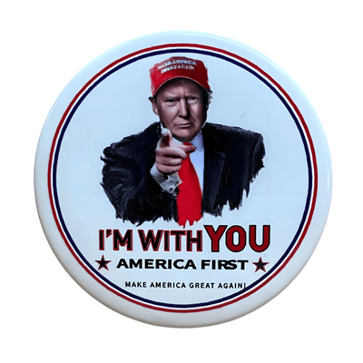 Donald Trump I'm With You Lapel Pin showing Trump pointing forward, with the message encircled by red and white, on display against a neutral background.