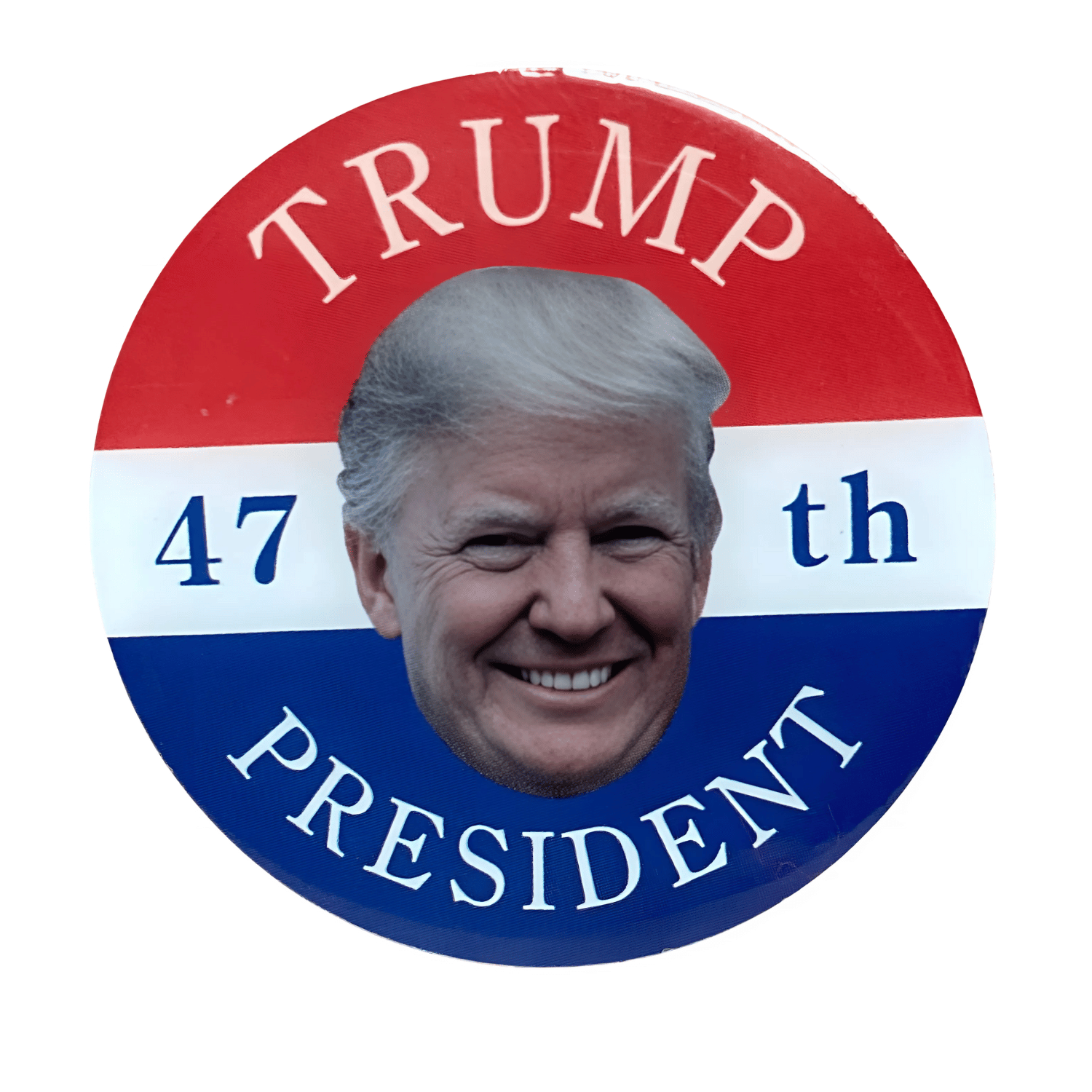 This Donald Trump patriotic lapel pin features a bold stars-and-stripes overlay and the name "TRUMP" against a striking black background-an emblem of American pride.