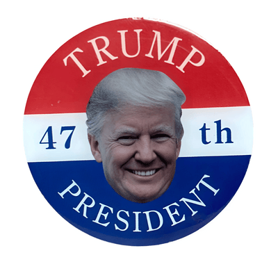 This Donald Trump patriotic lapel pin features a bold stars-and-stripes overlay and the name "TRUMP" against a striking black background-an emblem of American pride.