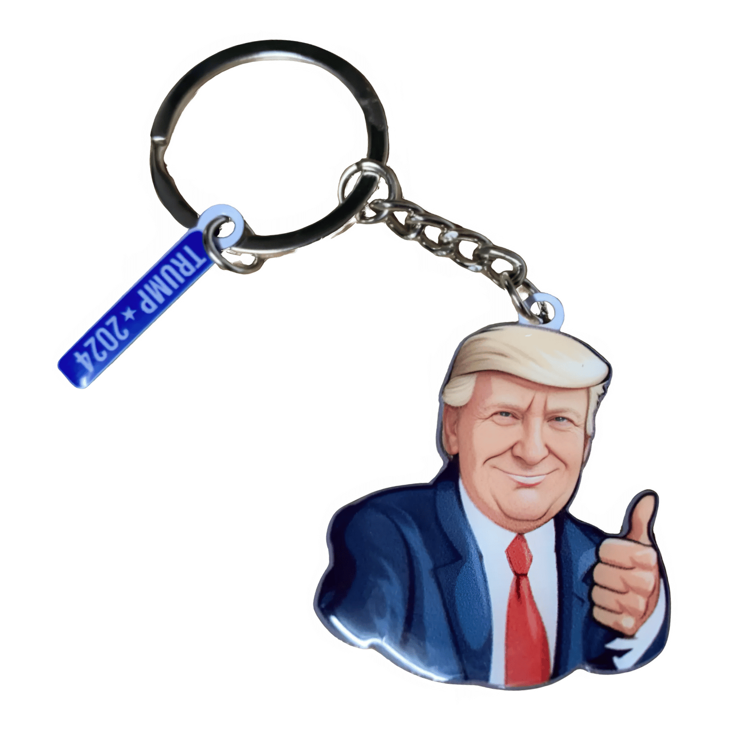 Donald Trump Thumbs Up keychain showcasing a vivid illustration of Trump with a blue 'Trump 2024' tag, perfect for everyday carry and support.