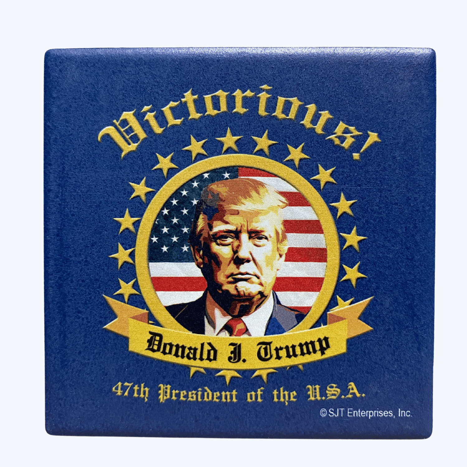 Donald Trump Victorious Inauguration Square Absorbable Stone Coaster featuring a portrait of Trump with a golden wreath and American flag backdrop.