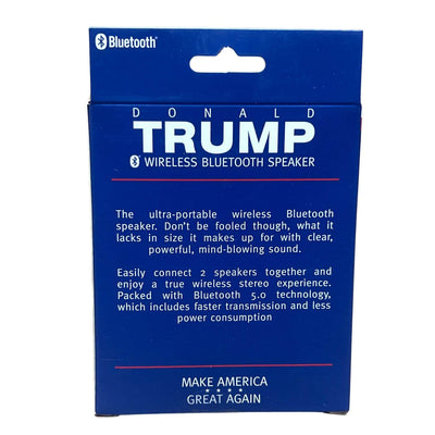 Donald Trump Wireless Bluetooth Speaker shaped like a cartoon Trump wearing a red MAGA hat, showcasing its fun design and compact size.