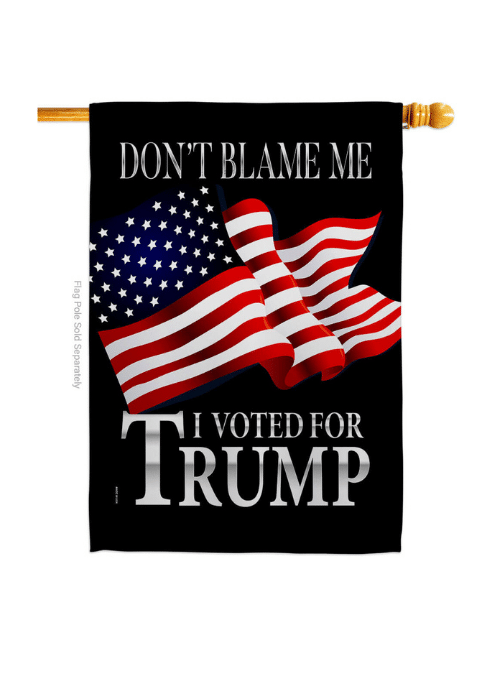 Double-sided Don't Blame Me, I Voted for Trump! house flag with vibrant lettering displayed outdoors on a flagpole.