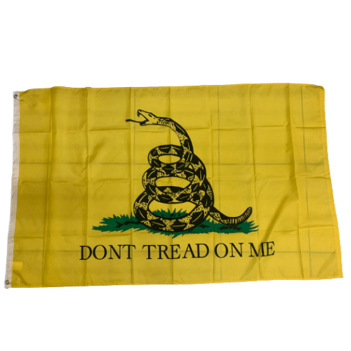 Don't Tread On Me 3x5 flag displaying the Gadsden snake design on a yellow background, flying prominently in an outdoor setting.
