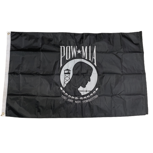 Double Sided POW Gone But Not Forgotten 3x5 flag featuring the POW/MIA logo, displaying vibrantly on an outdoor flagpole.