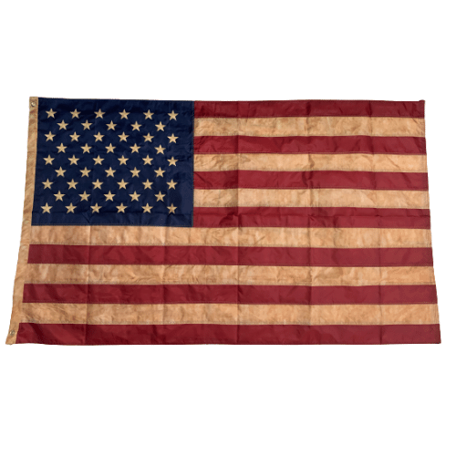 Double Sided Rustic Stained USA 3x5 Flag displayed outdoors, showing vibrant colors and rustic style with brass grommets in a front yard setting.