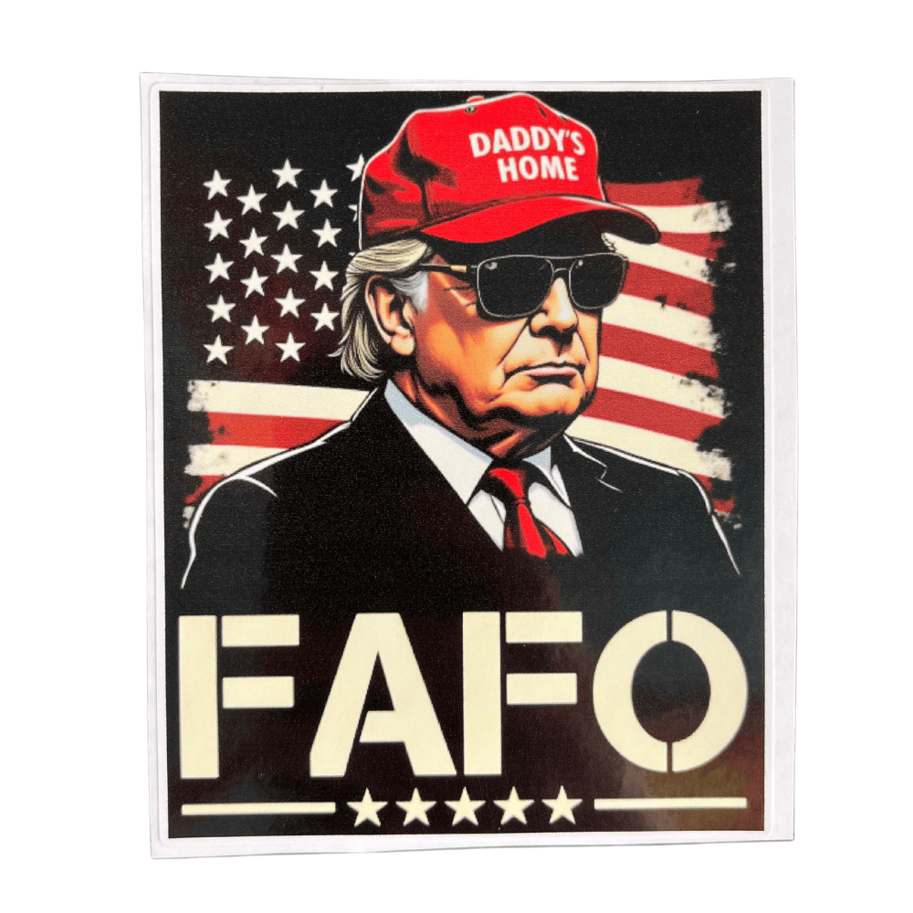 FAFO Daddy's Home sticker in vibrant colors, showcasing bold American themes, applied to a laptop in an outdoor setting.
