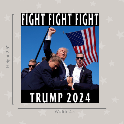 Fight Fight Fight mini sticker depicting bold support for Trump, measuring 2.5 inches by 2.5 inches, placed on a laptop surface.