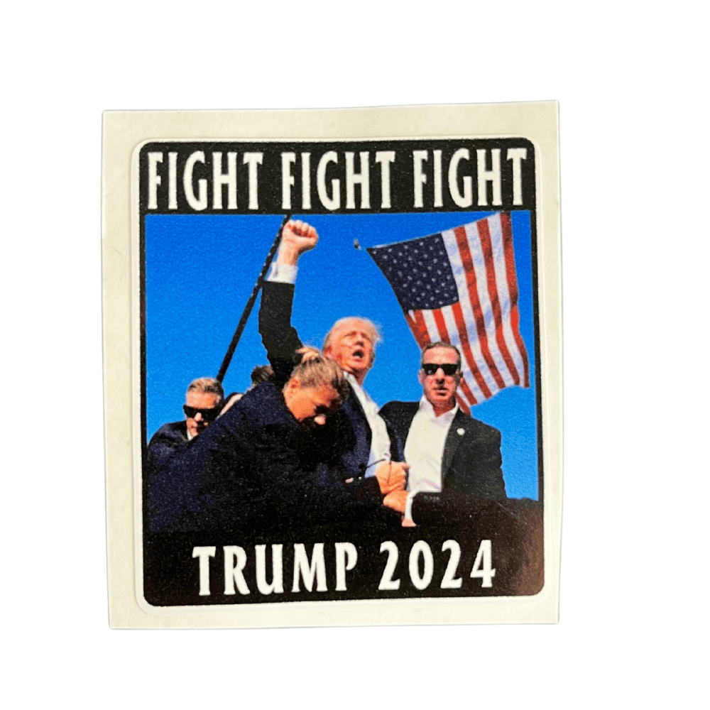 Fight Fight Trump Fist Sticker showcasing bold red and blue design with patriotic themes, perfect for outdoor display on a car or laptop.