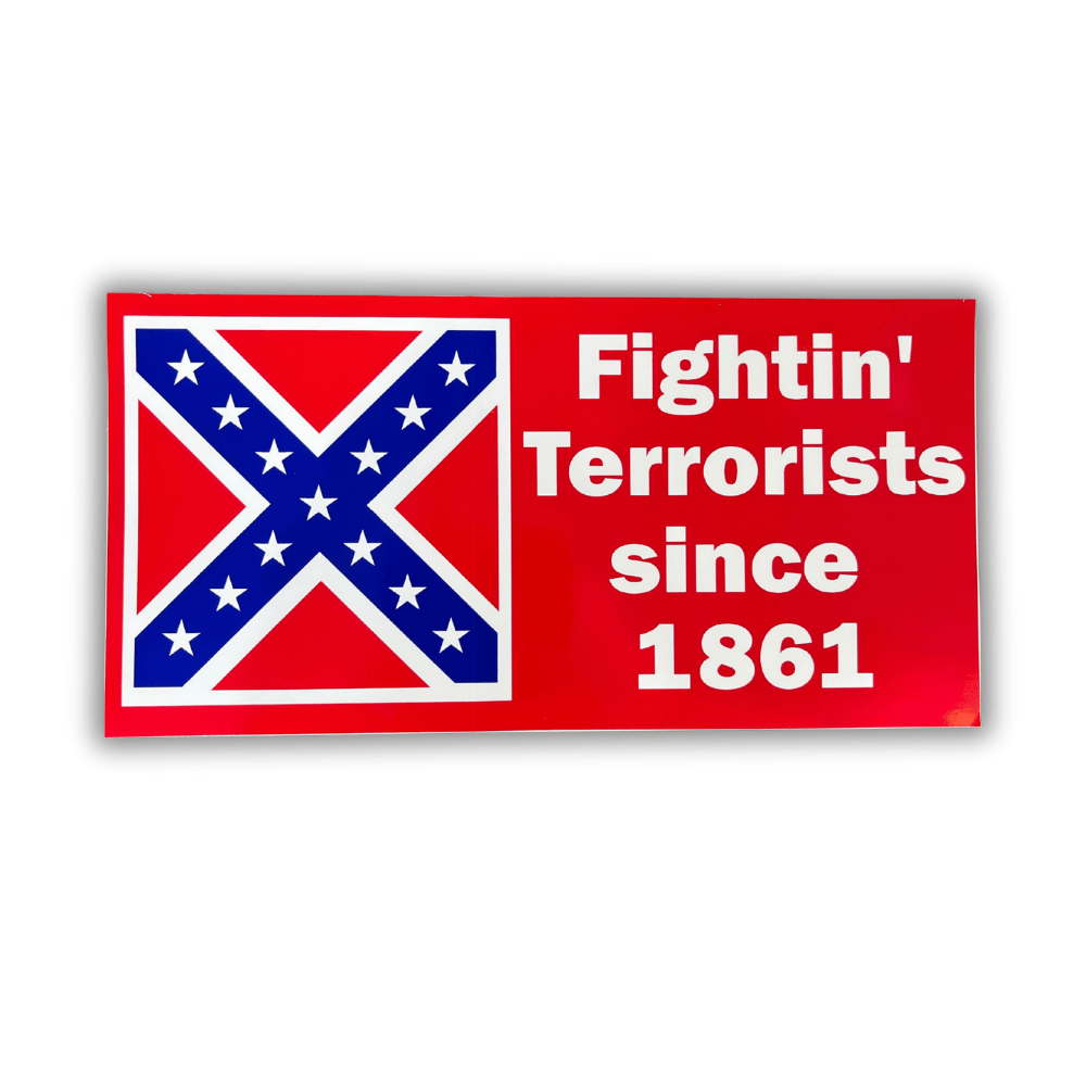 Fighting Terrorists bumper sticker displayed on a car bumper, showcasing a bold patriotic design in a vibrant style.