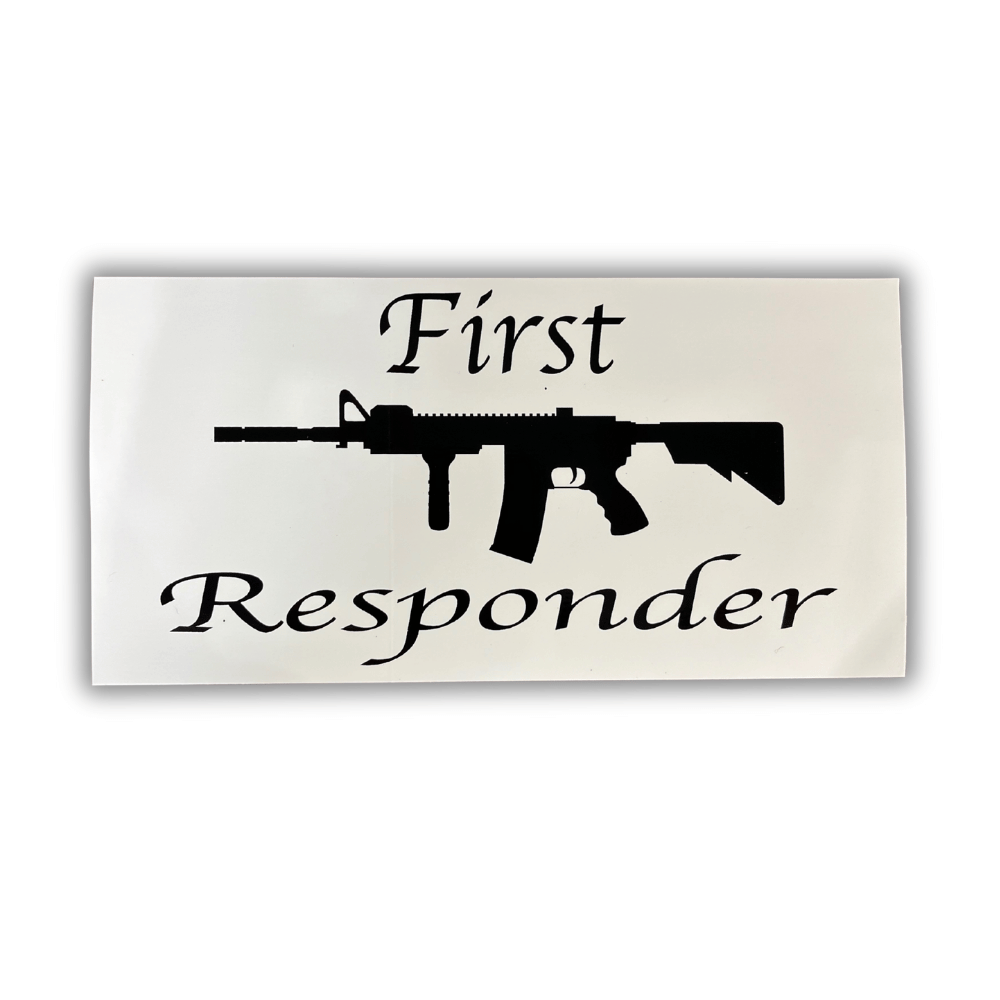 First Responder Rifle bumper sticker displayed on a car's bumper, featuring a bold patriotic design with vivid colors.