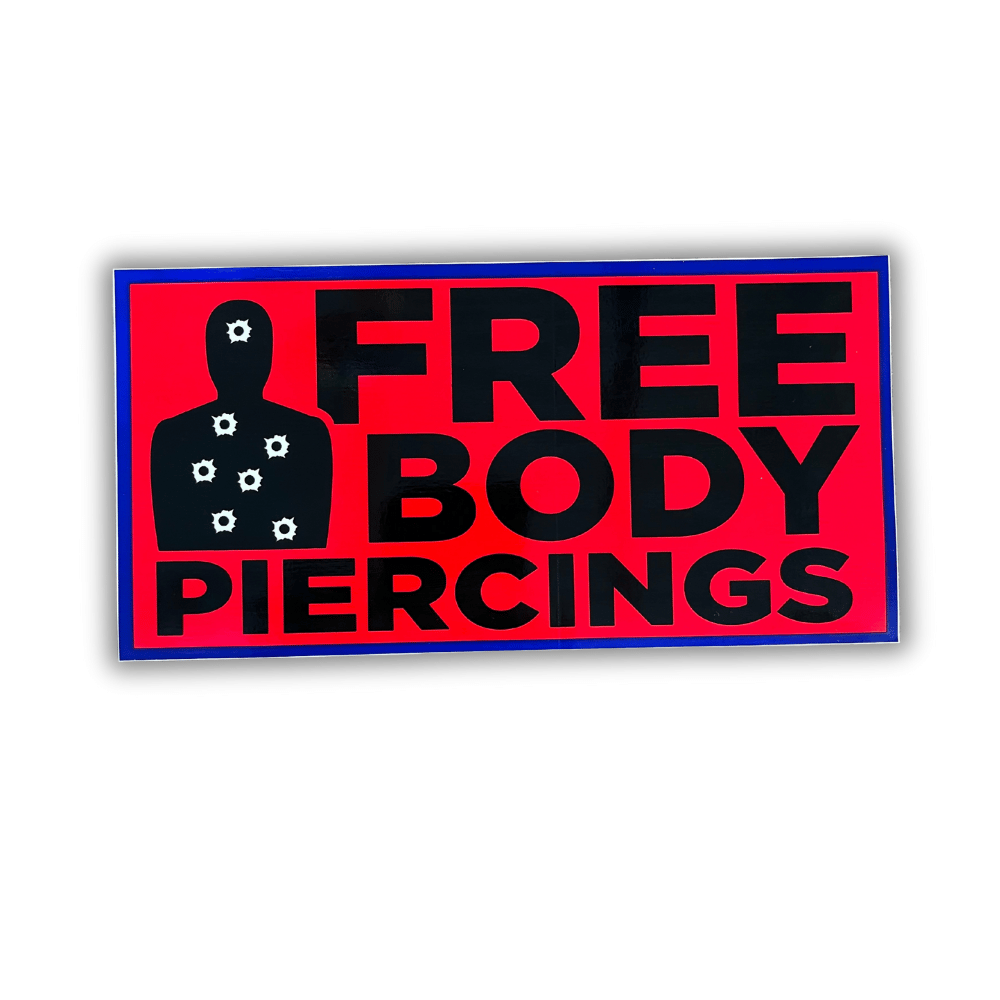 Free Body Piercings bumper sticker featuring a vibrant patriotic design, displayed on a vehicle's bumper against a sunny backdrop.