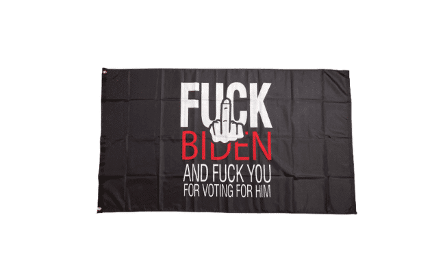 3x5 Fuck Biden & Fuck You Too flag featuring a middle finger graphic on a black background, hung outdoors for visibility.