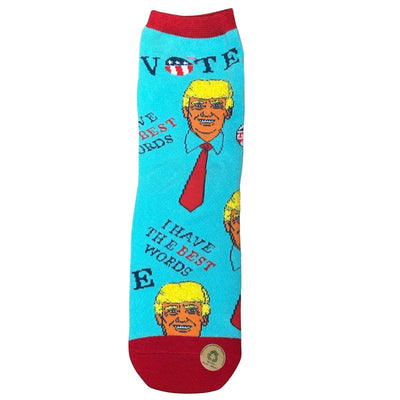 Funny Trump Socks 'I Have the Best Words' featuring vibrant blue color and patterns of Trump's face and patriotic elements displayed.