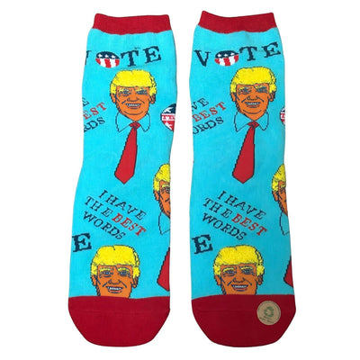 Funny Trump Socks with 'I Have the Best Words' design in vibrant colors, showcased to highlight their patriotic theme and comfort.