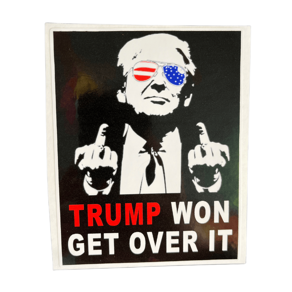 Get Over It Trump Fingers Sticker displayed on a laptop, showcasing a bold American patriotic design and political theme in vibrant colors.