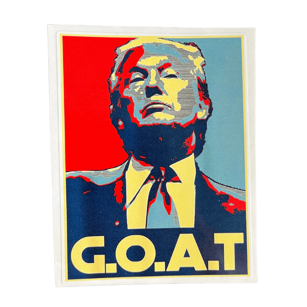G.O.A.T. Trump Poster Sticker on a laptop, featuring bold patriotic designs in vibrant colors, showcasing American pride.