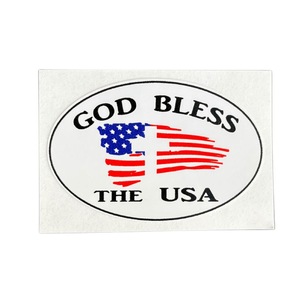 God Bless The USA sticker made of durable vinyl featuring bold patriotic artwork, displayed on a car window with a clear sky background.
