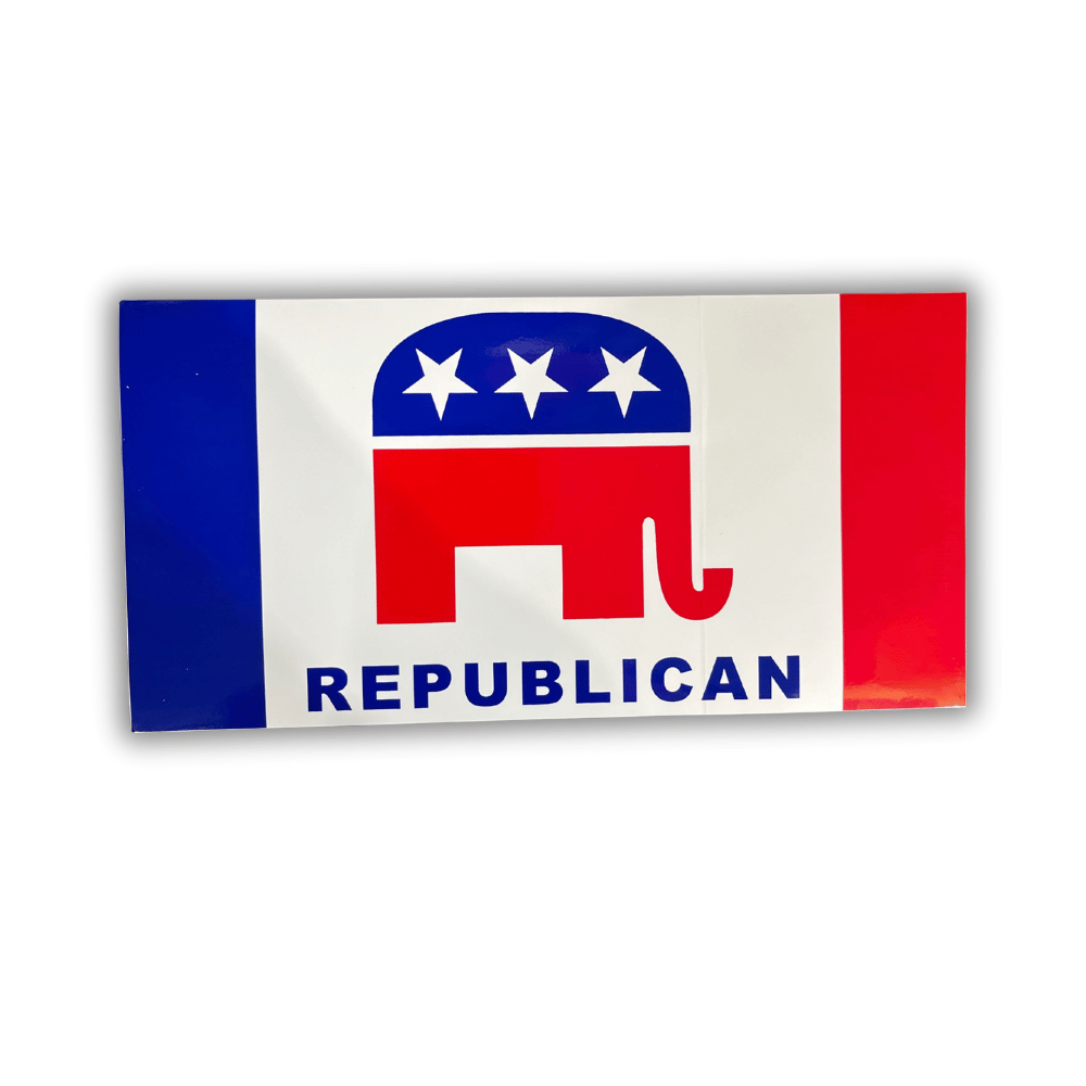 GOP Elephant bumper sticker displayed on a car bumper, showcasing bright colors and high-visibility design for political pride.